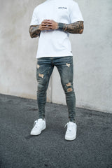 Heavy Stone Wash Spray On Jeans - Ripped & Repaired - Gods Plan Clothing