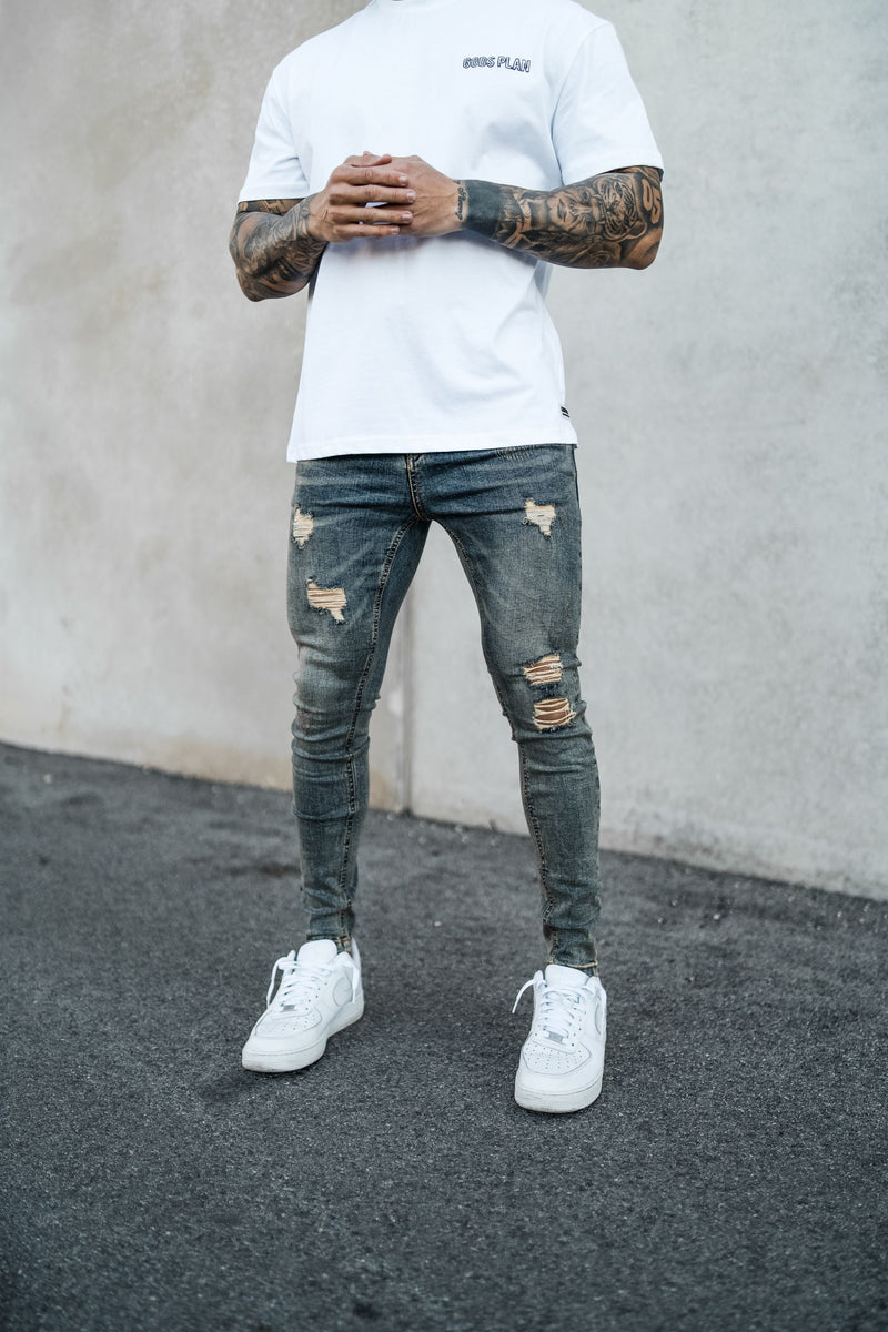 Heavy Stone Wash Spray On Jeans  - Ripped & Repaired - Gods Plan Clothing